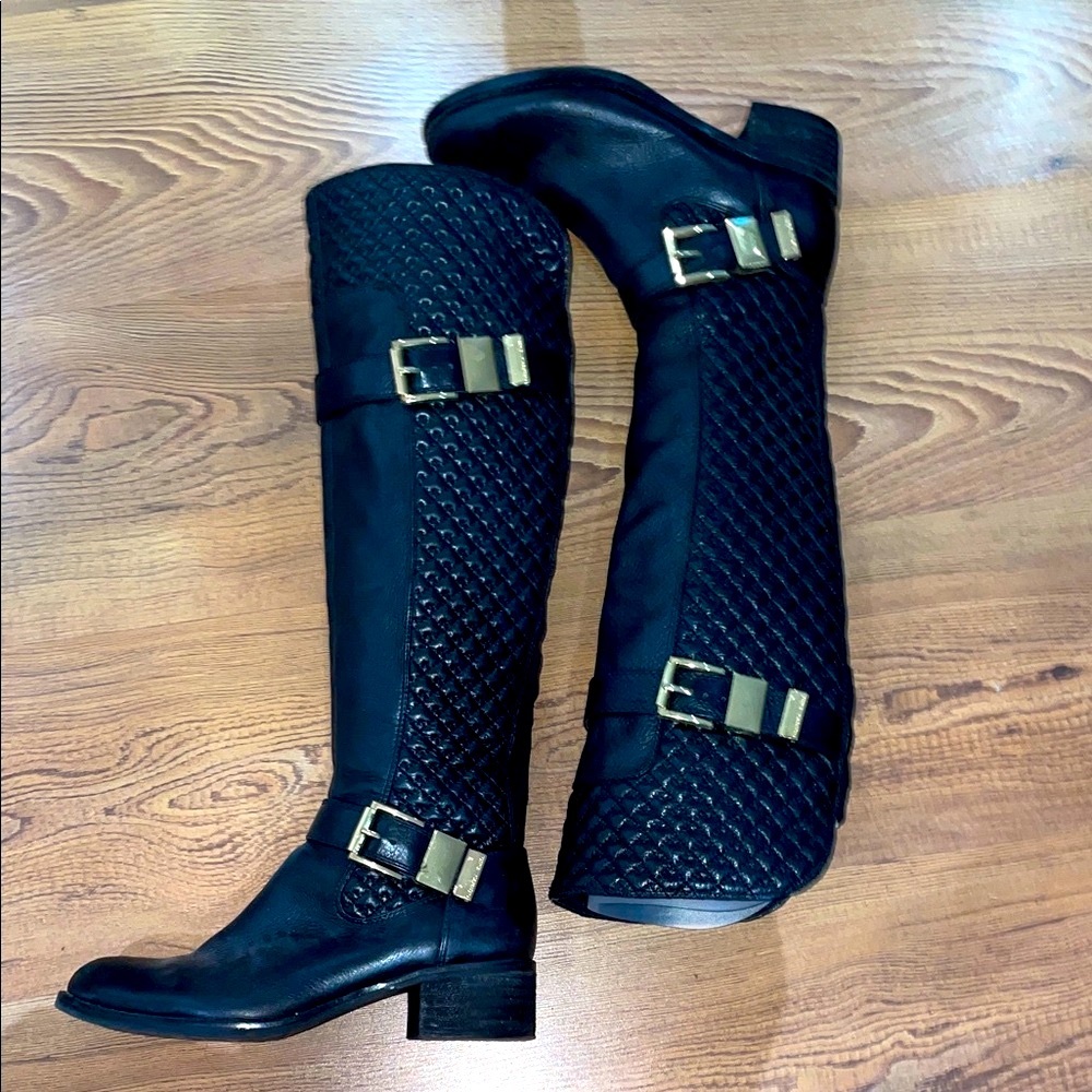 VINCE CAMUTO Black Quilted Knee-High Boots  size 6.5 LEATHER upper